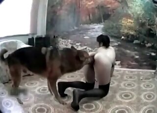 Skinny whore seduces a dog to lick and fuck her wet pussy