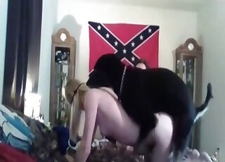 Confederate bitch with a skinny ass gets fucked by black dog on a bed