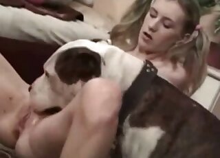 Awesome blonde with small tits gets licked by a sexy dog here