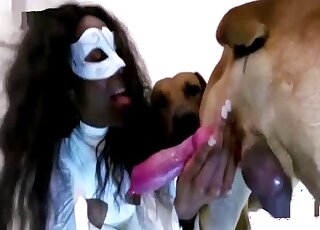Attractive chick dressed in white deep sucks a dog's cock happily