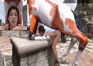 Slim animated brunette is vigorously rammed by a massive horse cock