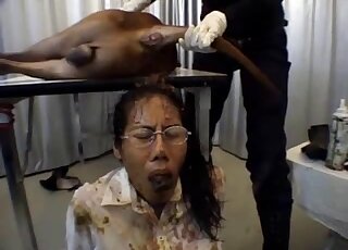 Dog got enema and covered nerdy Asian girl with glasses in poo