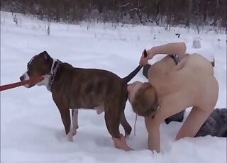 Naked Russian chick treats Pit Bull with rimming out in the snow