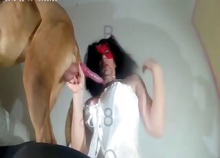 Masked harlot makes amateur zoo threesome with two huge pet dogs