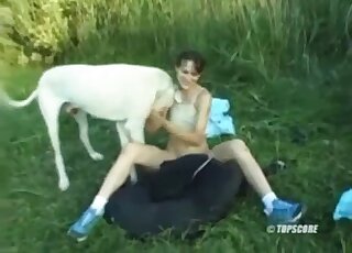 Skinny brunette has outdoor threesome with two dogs in heat