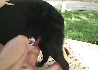 Sizzling brunette plays bestiality sex games with black canine