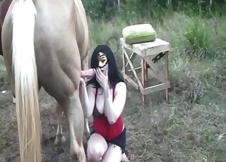 Dark-haired babe is jerking off and sucking giant horse shaft outdoors
