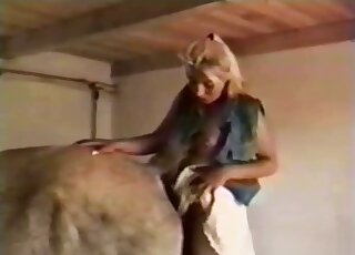 Vintage blonde is using strap-on cock for banging horse pussy