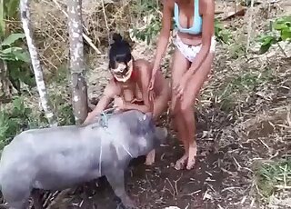 Fat pig gets dual blowjob from masked MILF broads outdoors