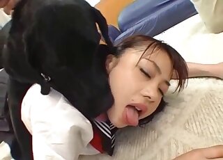 Deep orgasms with a big dog dick in her wet Japanese cunt