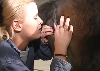 Blonde slut pussy licks female horse in dirty scat zoophilia at the farm