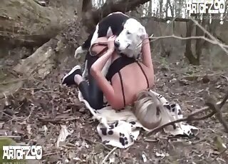 Pooch finds a way inside a supermodel's wet pussy in the woods