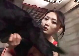 Japanese AV whore passionately plays with a dick of her dog indoors