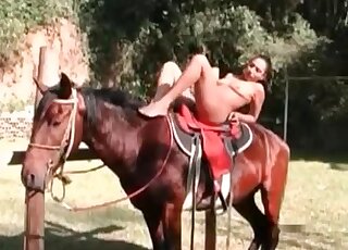 Arresting and fully naked horseback rider is ready to fuck a horse